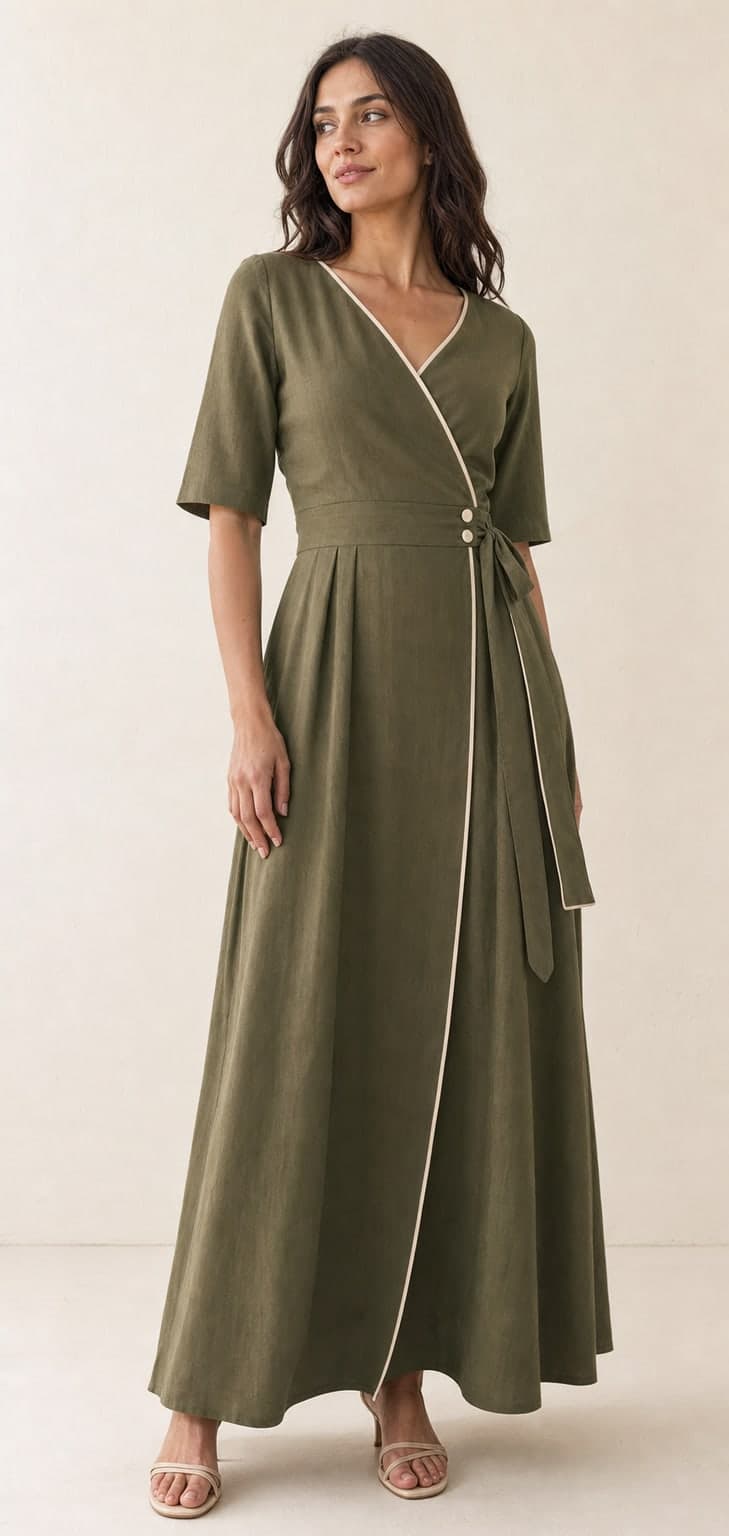 Synthetic olive wrap-dress garment reference